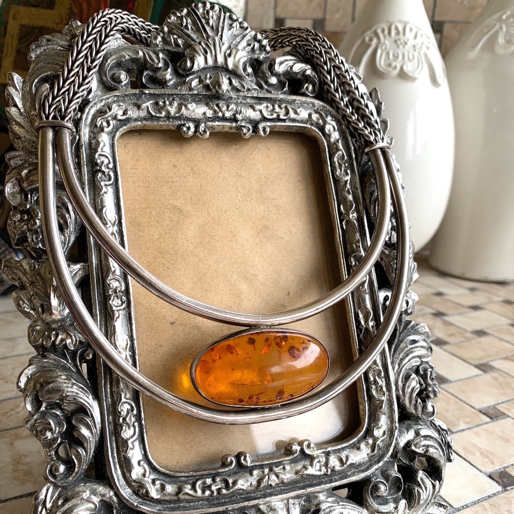 Vintage Sterling Silver and Amber Modern Necklace